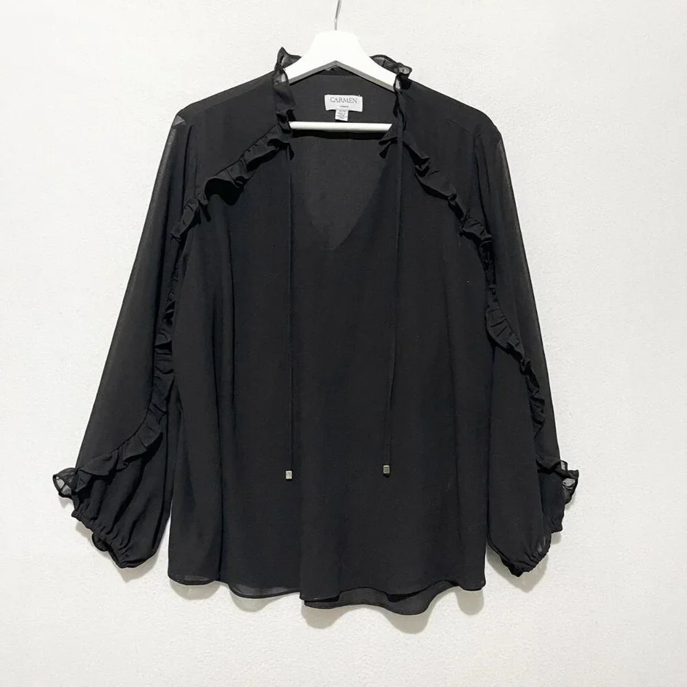 Carmen by Marc Valvo Black flowy top blouse with ruffle trim size 1X - Picture 3 of 7